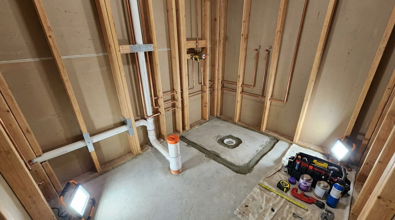 Bathroom rough-in plumbing during remodel by Johns Plumbing LLC in Hoosick Falls