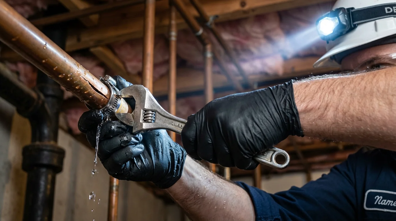 Emergency pipe clamp repair being performed by a Johns Plumbing LLC plumber in Hoosick Falls