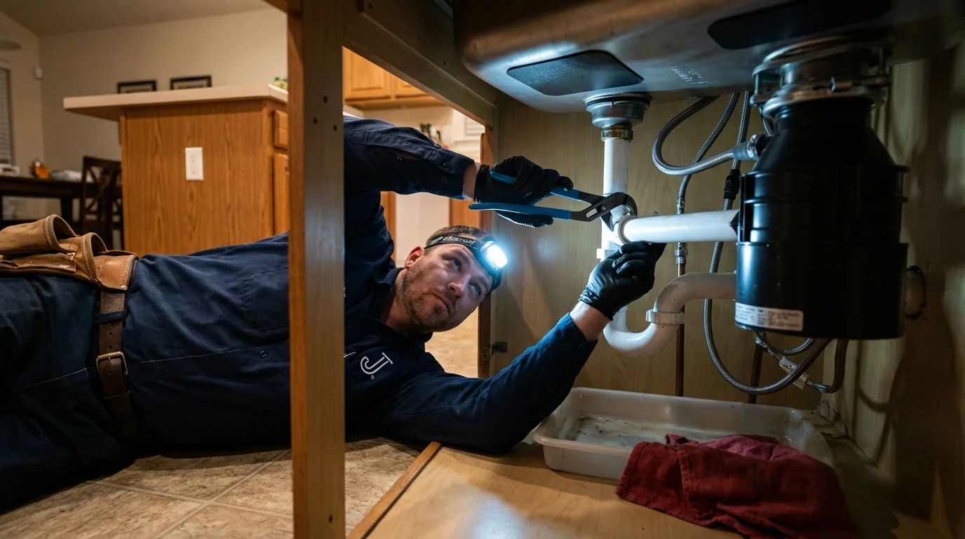 P-trap and supply line connections under a kitchen sink showing a common leak point in Hoosick Falls, NY